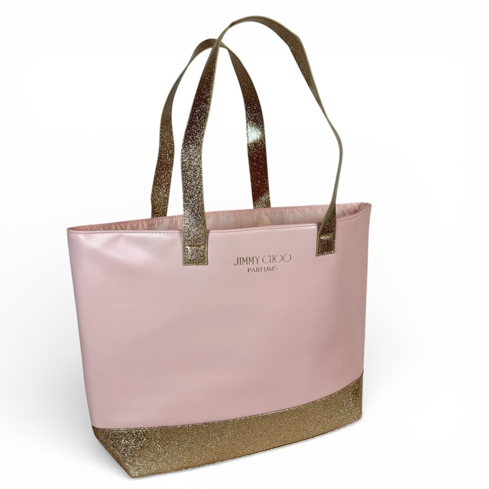 Jimmy Choo Parfums Pink Gold Glitter Tote Bag Womens Large Shoulder Bag Logo